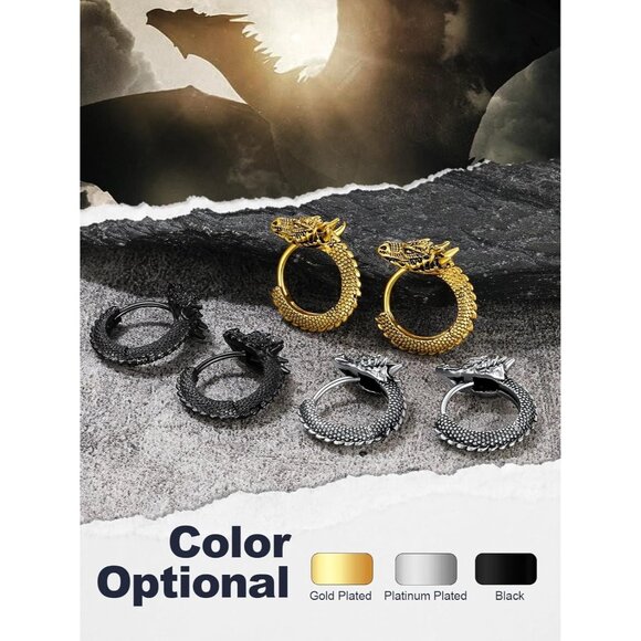 🆕 Men Black Stud Huggie Earrings Punk Rock Sterling Stainless Steel Dinosaur - Picture 6 of 7